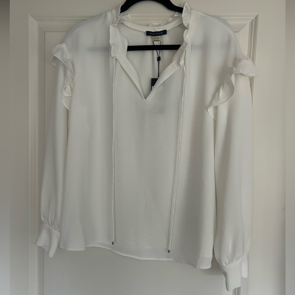 Tommy Hilfiger white ruffle tie-up neck woven blouse